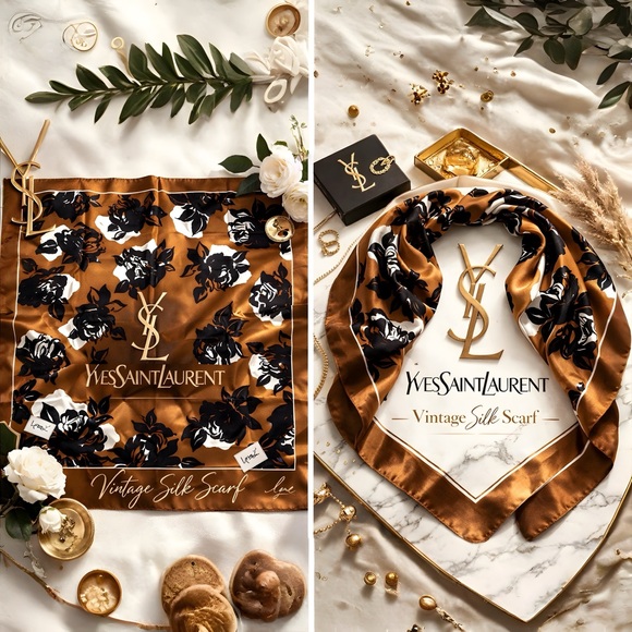 Yves Saint Laurent Accessories - Yves Saint Laurent Vintage Silk Foulards Rose Print Scarf Brown Black 32.5”